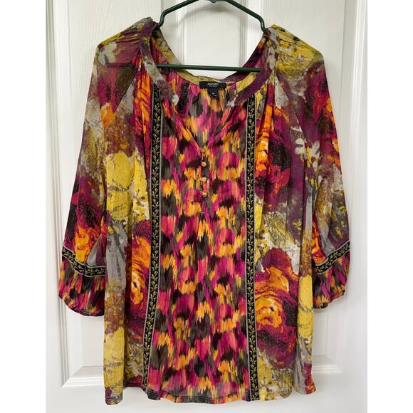 Alfani 3X blouse vibrant abstract floral ikat yellow orange pink 3/4 sleeve - Picture 1 of 6